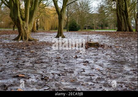 Eton, Windsor, Berkshire, UK. 13th February, 2021. Following freezing temperatures and flooding over the past the few days, parts of the playing fields at Eton College have iced over. Temperatures are set to rise again next week bringing a welcome end to the cold snap. Credit: Maureen McLean/Alamy Live News Stock Photo