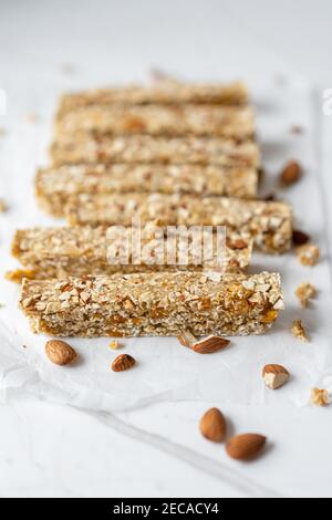 Vegan Energy Oat Bars With Apricot and Almonds, Flat Lay Stock Photo