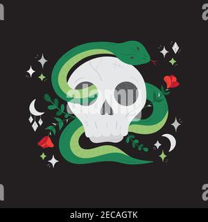 Skull with snake and flowers vector hand drawn illustration. Cool witchy printable design. Isolated on black background. Stock Vector