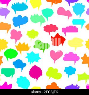 Seamless pattern with vector comic color speech bubbles on white background. Colorful banner, empty paper shape. Cartoon flat illustration for chat Stock Vector