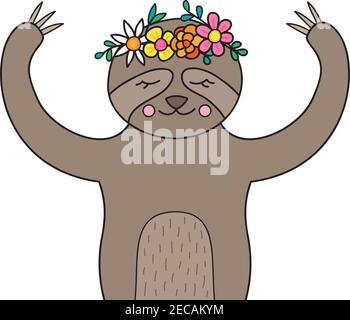 Cute sloth vector illustration. Hand drawn outlined sloth animal with flower crown on head. Isolated. Stock Vector