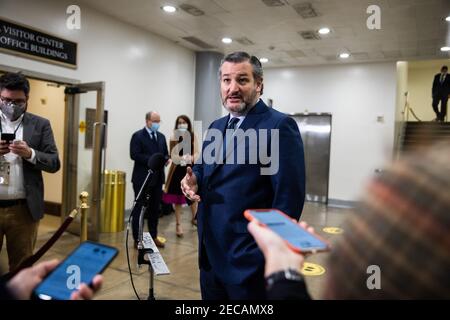 Senator Ted Cruz, R-TX, speaks to reporters on Capitol Hill in Washington, Saturday, Feb. 13, 2021, on the fifth day of the second impeachment trial of former President Donald Trump.Credit: Graeme Jennings - Pool via CNP | usage worldwide Stock Photo