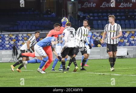 Naples, Campania, Italy. 13th Feb, 2020. Juventus goalkeeper Wojciech Szczesny fouls Amir Rrahmani of Napoli and provokes the penalty.During the Italian Serie A Football match SSC Napoli vs FC Juventus on February 13, 2021 at the Diego Armano Maradona stadium in Naples. Credit: Fabio Sasso/ZUMA Wire/Alamy Live News Stock Photo