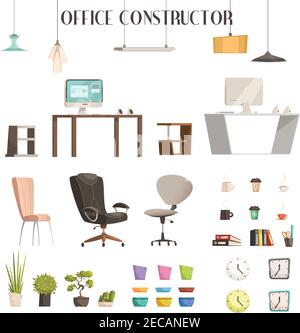 Modern interior furniture and accessories cartoon style icons for trendy office renovation and construction isolated vector illustration Stock Vector
