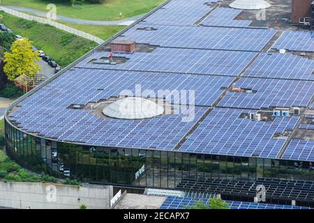 Solar panels on the roof of Trade Mart Brussels business and retail centre in Brussels, Belgium Stock Photo