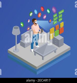 Man in augmented reality smart glasses with computer vision learning foreign language home isometric poster vector illustration Stock Vector