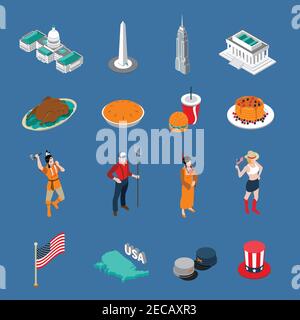 USA touristic icons set with people and culture symbols isometric isolated vector illustration Stock Vector