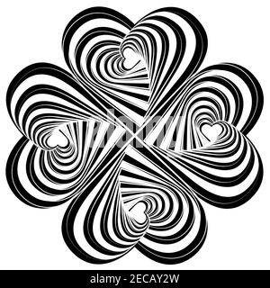 Striped hearts complicated swirl rotation illusion background. Abstract striped distortion twisted backdrop. Vector-art layered illustration. Stock Vector
