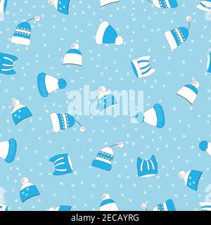 Winter seamless pattern with winter hats on blue background. Cute vector winter warm knitted clothes in cartoon style. Christmas vector illustration Stock Vector