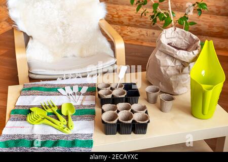 Gardener workplace. Preparation for planting and growing seedlings. Stock Photo