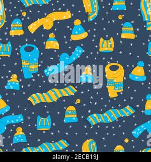 Winter seamless pattern with winter accessories: hats and scarves on blue background. Cute vector winter warm knitted clothes in cartoon style Stock Vector