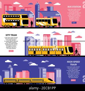 Set of horizontal banners in flat style with images of city tram bus station and high speed train on urban background vector illustration Stock Vector