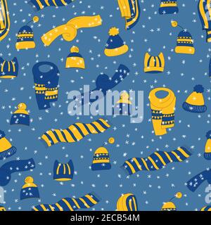 Winter seamless pattern with winter accessories: hats and scarves on blue background. Cute vector winter warm knitted clothes in cartoon style Stock Vector
