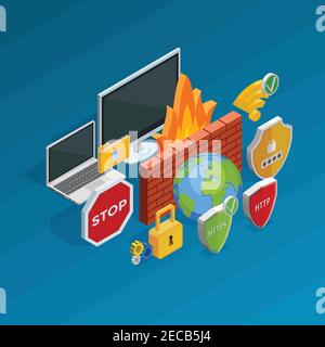 Internet security isometric concept with antivirus and hacking activity symbols vector illustration Stock Vector
