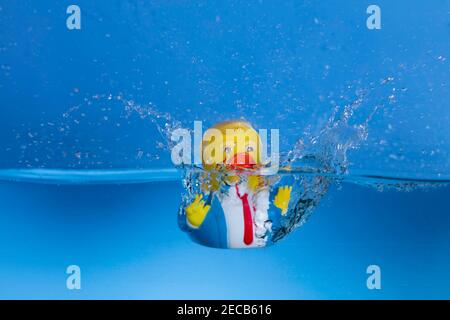 Donald Duck Trump struggling in the water. Stock Photo
