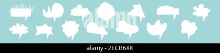 Big set of vector white comic speech bubbles on blue background. Isolated colorful banner, empty paper shape. Cartoon flat illustration for chat Stock Vector