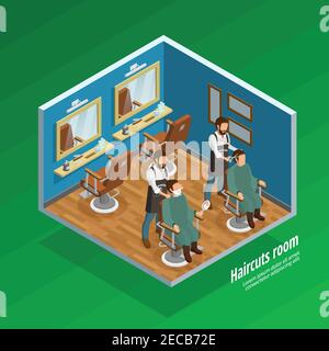 Haircut room isometric concept with barber and equipment symbols on green background vector illustration Stock Vector