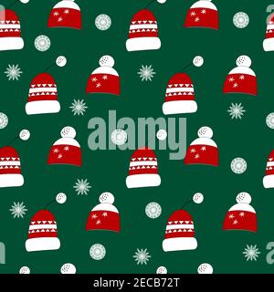 Winter seamless pattern with winter hats on green background. Cute vector winter warm knitted clothes in cartoon style. Christmas vector illustration Stock Vector