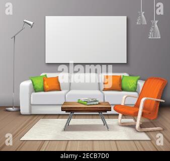 Modern interior colors choice and furniture arrangement design realistic mockup poster with decorative pillows and armchair vector illustration Stock Vector