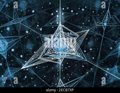 Photography of a kaleidoscope art background depicting dark universe space lightened by a star shaped with triangles made with lasers beams shining an Stock Photo