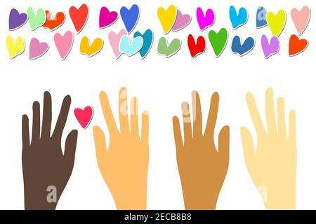 Hands and hearts. Template holiday pattern, vector illustration. People wiht different skin tone. Design for card, postcard, poster, print, banner Stock Vector