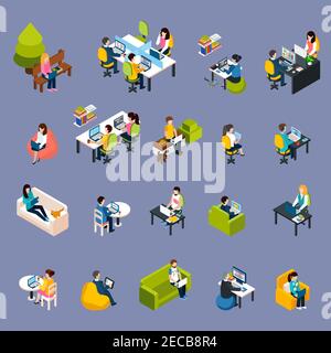 Coworking freelance people isometric icons set with work symbols isolated vector illustration Stock Vector