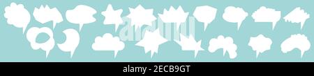 Big set of vector white comic speech bubbles on blue background. Isolated colorful banner, empty paper shape. Cartoon flat illustration for chat Stock Vector