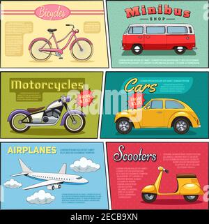 Mini posters set of bicycle minibus motorcycle car airplane and scooter drawing in flat comic style vector illustration Stock Vector