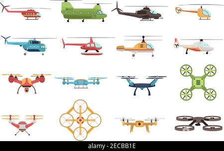 Colored icons set of military and civilian helicopters and various modifications of drone on white background isolated vector illustration Stock Vector