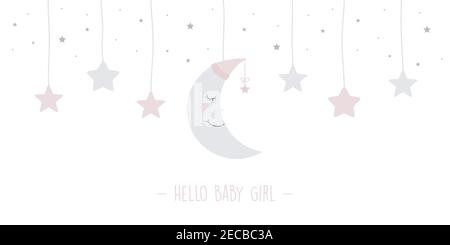 baby girl greeting card with hanging sleeping moon and stars vector illustration EPS10 Stock Vector