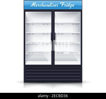 Empty vertical refrigerator for with two transparent front panels for cooling drinks and products isolated realistic vector Illustration Stock Vector