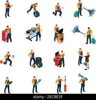 Car service isometric icons set with people and equipment symbols isolated vector illustration Stock Vector