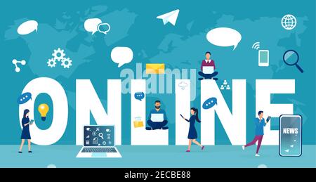 Vector of young people communicating online, browsing Internet using mobile gadgets Stock Vector