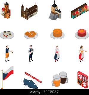 Czech republic national cultural symbols isometric icons collection with flag beer mugs and jewish quarter isolated vector illustration Stock Vector