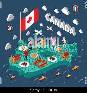 Canada isometric map with touristic sights and transport on blue background vector illustration Stock Vector