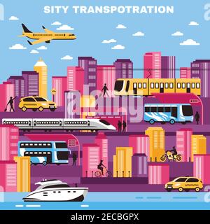 City background with skyscrapers and urban transport so as yellow cabs tram water transportation flat vector illustration Stock Vector