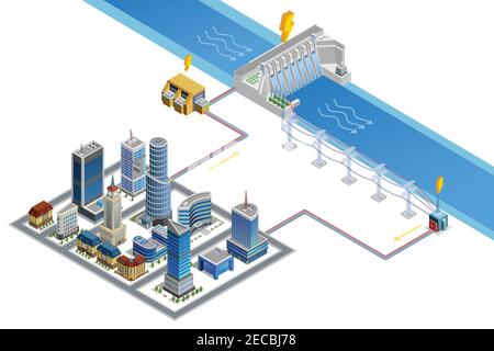 Scheme of modern city energy supply by hydroelectric station with dam generator and transformer isometric poster vector illustration Stock Vector