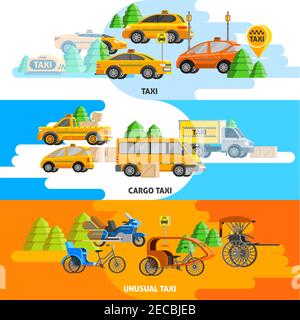 Taxi service horizontal banners with vehicles of land transport in flat style vector illustration Stock Vector