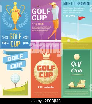 Golf club advertisement retro style posters collection with gold cup tournament winner trophy cartoon isolated vector illustration Stock Vector