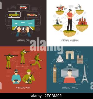 Virtual reality 2x2 design concept set of car war museum and travel VR games icons collection flat vector illustration Stock Vector