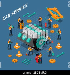 Car service isometric composition with people equipment and tools symbols vector illustration Stock Vector