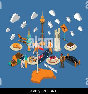 Australian national cultural isometric symbols composition with map flag delicious desserts aborigine and landmarks poster vector illustration Stock Vector