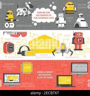 Artificial intelligence horizontal banners with signs of domestic robots nanorobots and devices for virtual reality technology flat vector illustratio Stock Vector