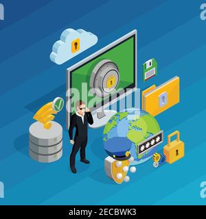 Data protection and storage concept with laptop computer and smartphone isometric vector illustration Stock Vector