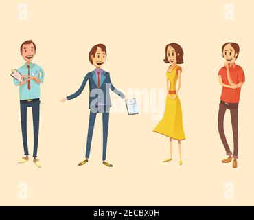 Shop assistant retro cartoon set with salesman and customers isolated vector illustration Stock Vector