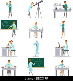 Scientific laboratory research staff members retro cartoon icons collection with astronomer biologist and  nuclear physicist isolated vector illustrat Stock Vector