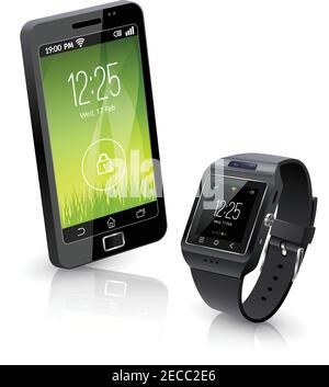 Black smartwatch with smart phone realistic objects composition with white background vector illustration Stock Vector