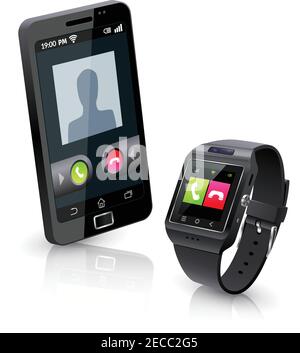 Black smartwatch alerts for compatible smart phone incoming call realistic objects composition with white background vector illustration Stock Vector
