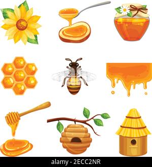 Honey isolated cartoon icon set with various elements of beekeeping and bee life vector illustration Stock Vector