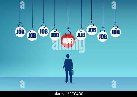 Vector of a businessman looking for an employment with multiple job offers on the fish hook above him Stock Vector